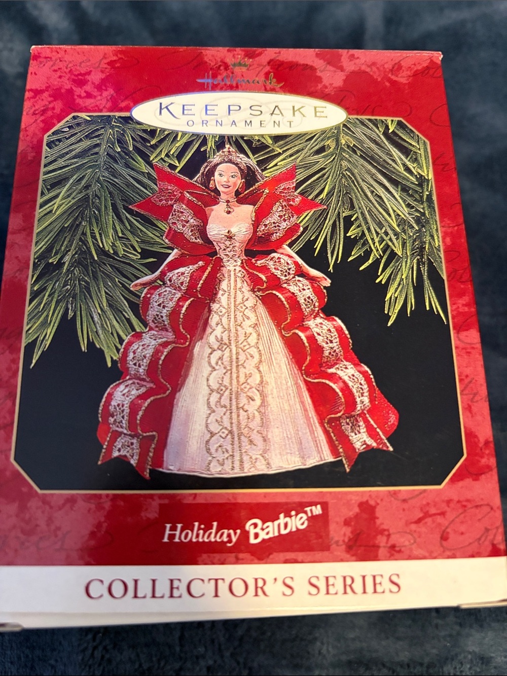 Barbie Holiday Ornament in Red and White Lace non-fabric Gown with Satin Ribbon